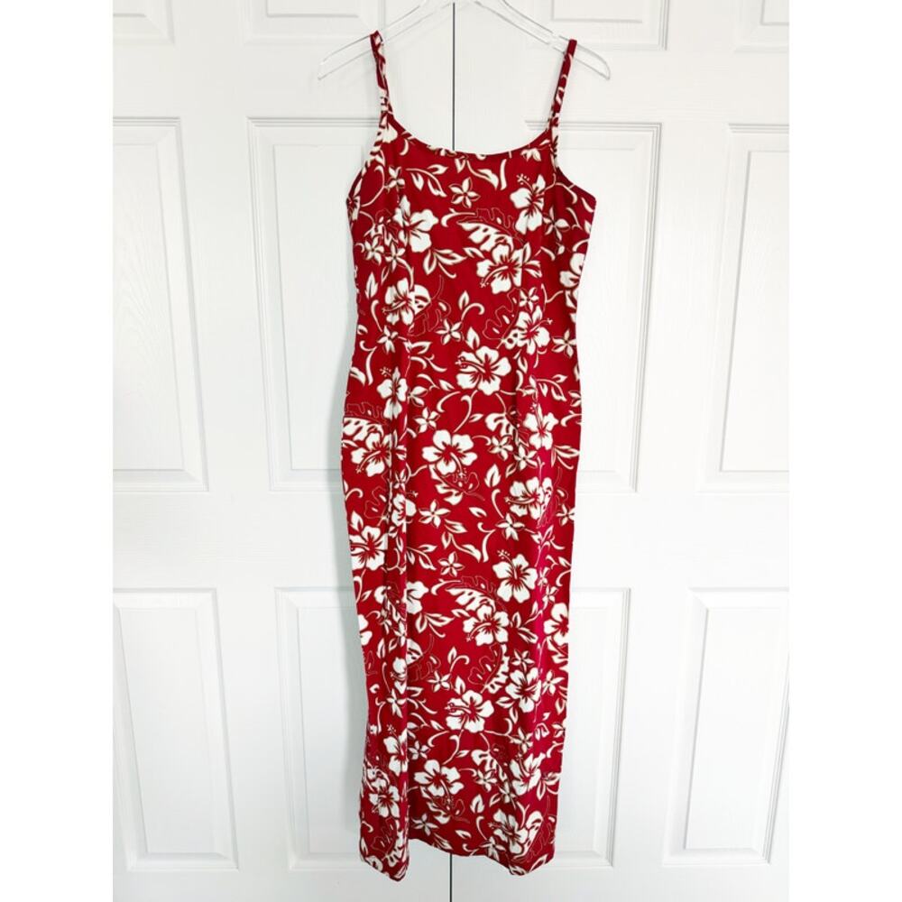 Vintage Hilo Hattie Red Hibiscus Hawaiian Maxi Dress Floral Column Sheath Y2K